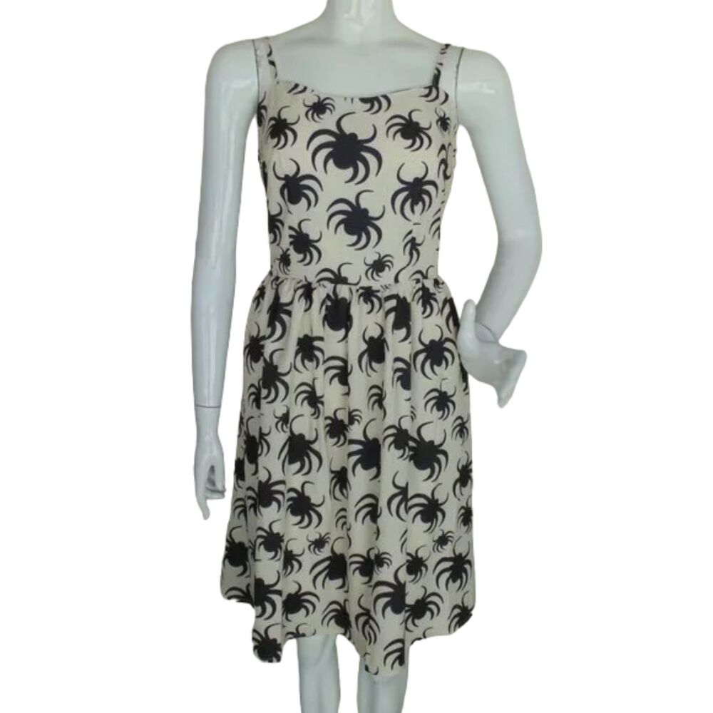 Spider Dress, M, Cream with black spiders all over, Spaghetti strap, Flowy skirt